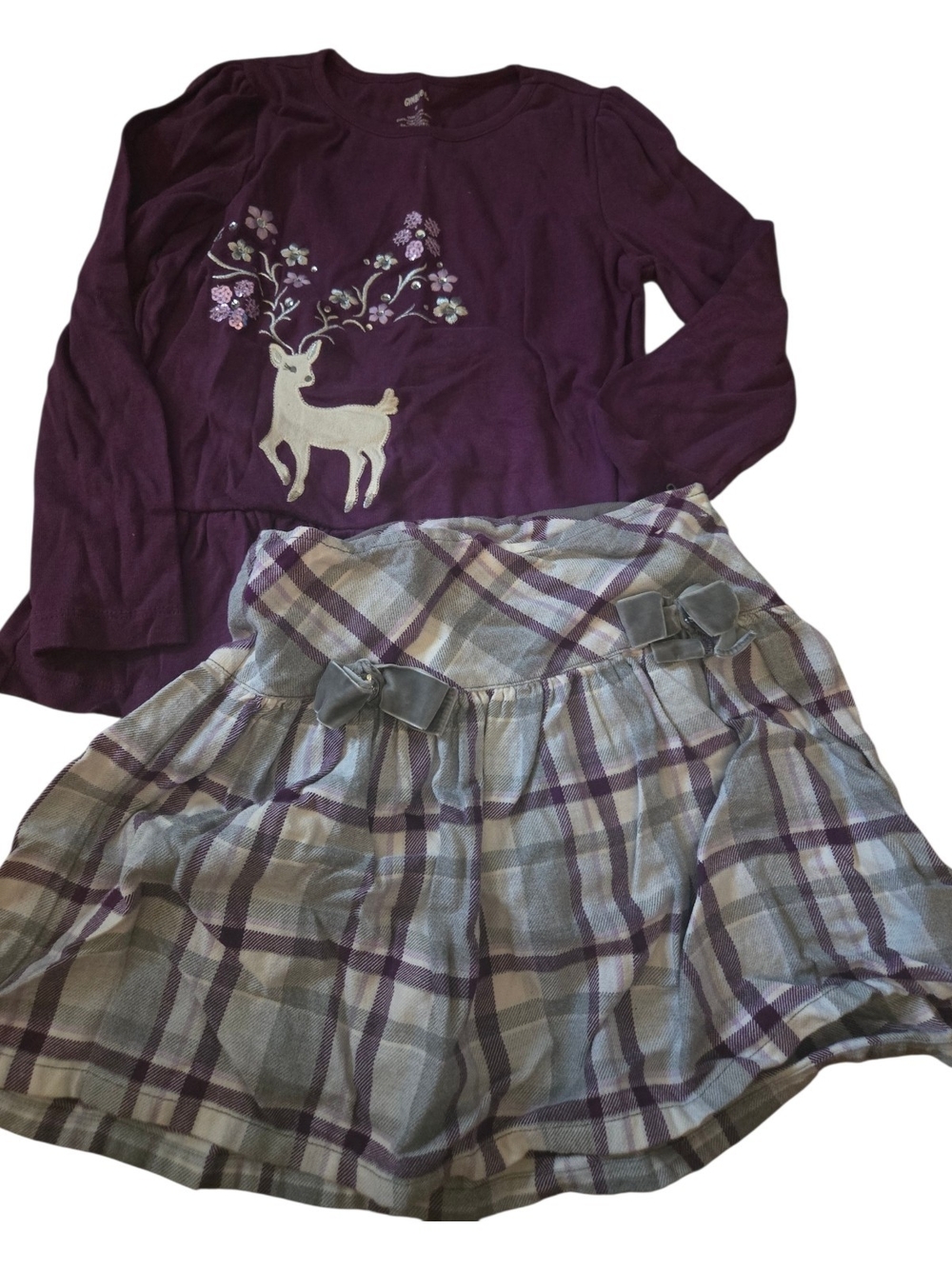 Gymboree Purple Deer Top and Plaid Skirt Set